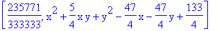 [235771/333333, x^2+5/4*x*y+y^2-47/4*x-47/4*y+133/4]